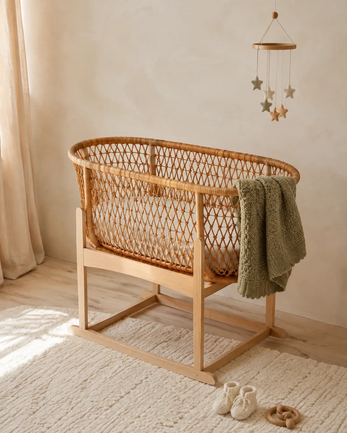 A sunlit nursery with a woven bassinet, sage blanket, and tiny knitted booties